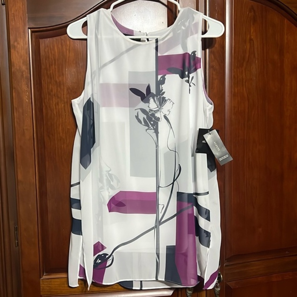 NWT ALFANI white, purple, black lined tunic top Size 10